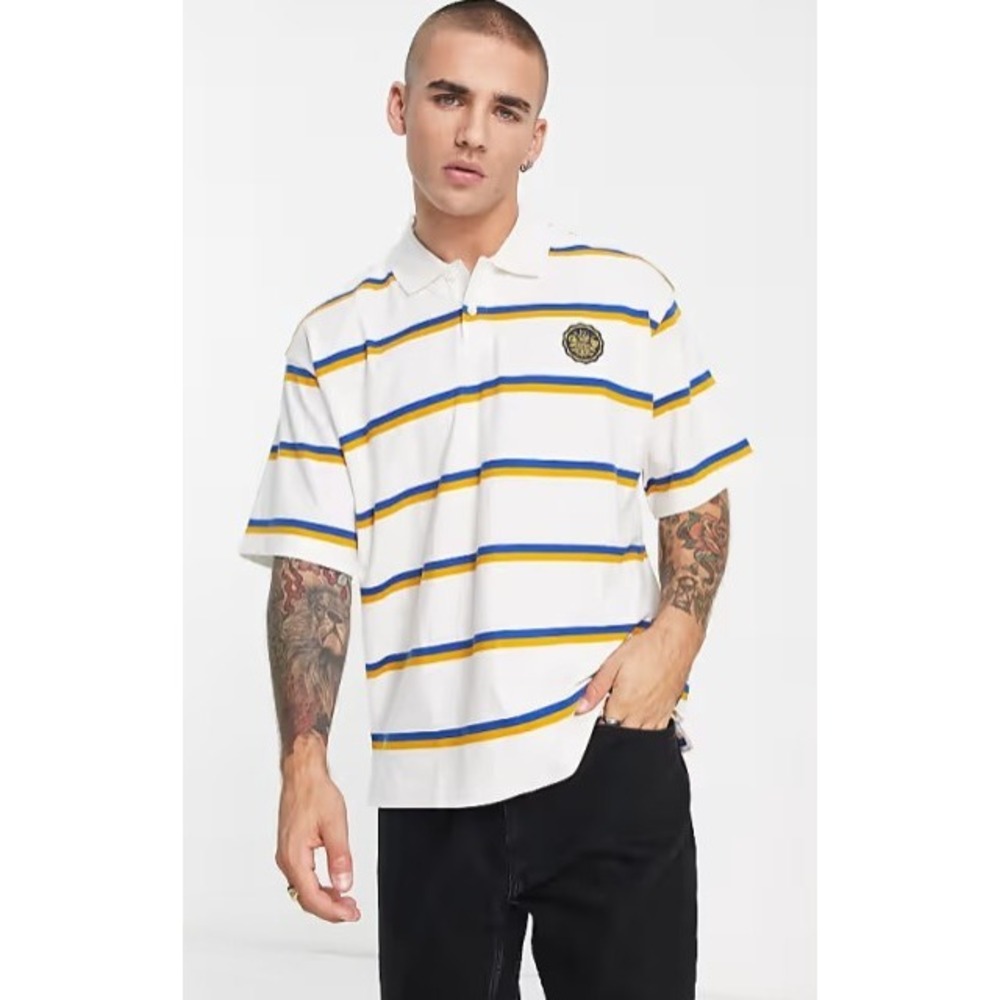Vans Mens Loose Fit Striped Polo‎ Shirt Grey Blue Yellow Large Short Sleeve Logo